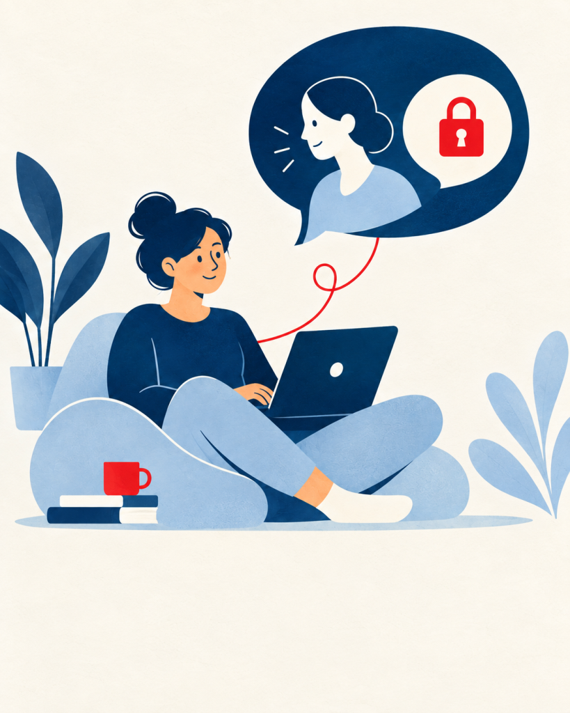 Illustration: Eine junge Person nutzt einen Laptop für eine vertrauliche Online-Beratung.