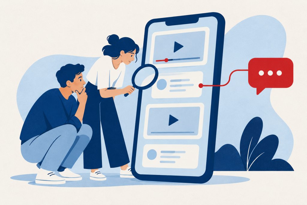 Illustration: Zwei junge Menschen betrachten Videos und Kommentare auf einem Smartphone.