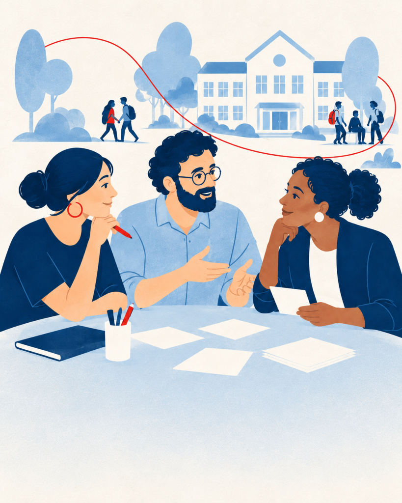 Illustration: Fachkräfte aus Schule und Jugendhilfe tauschen sich gemeinsam an einem Tisch aus.